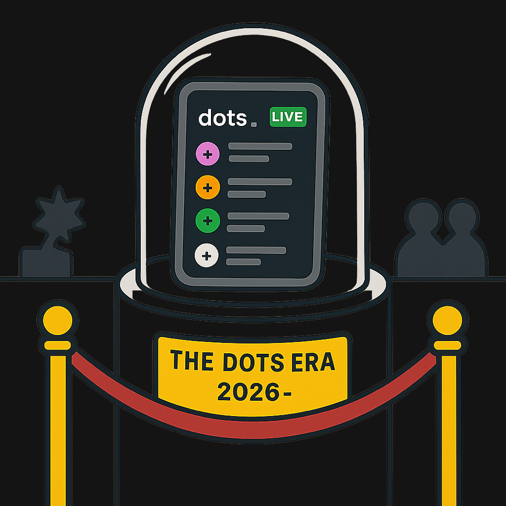 A glass museum cloche on a pedestal displaying a live feed, roped off, with a brass plaque reading THE DOTS ERA 2026 dash